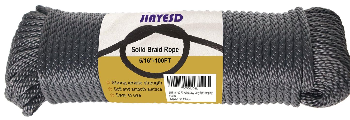 1/4 Inch 100 FT Polyester Black Solid Braid Rope High UV and Abrasion Resistance, Multi-Purpose for Outdoor for Camping