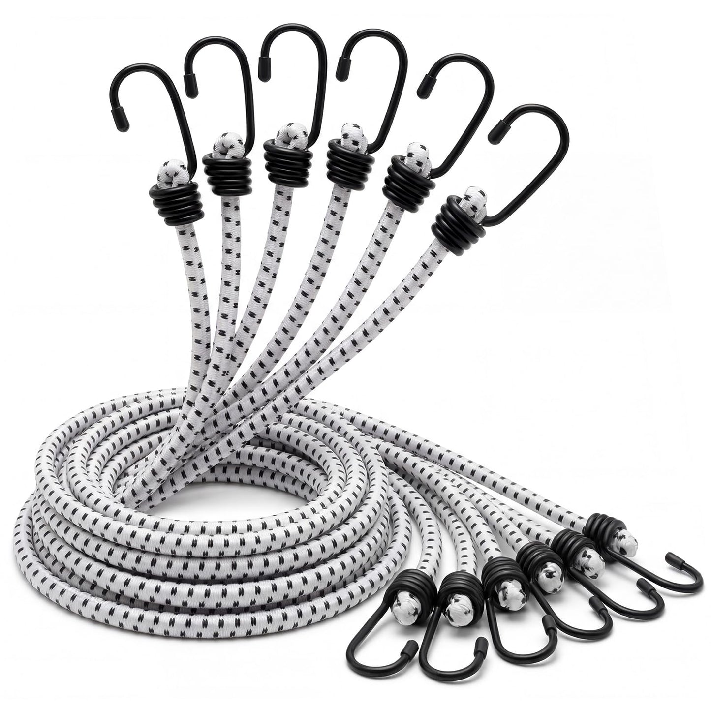 12 Pcs 96 Inch Extra Long Bungee Cords with Hooks 0.39 Inch Thick Heavy Duty Bungee Straps for Outdoors, Camping, Rvs, Bikes, Cargo (White+Black)