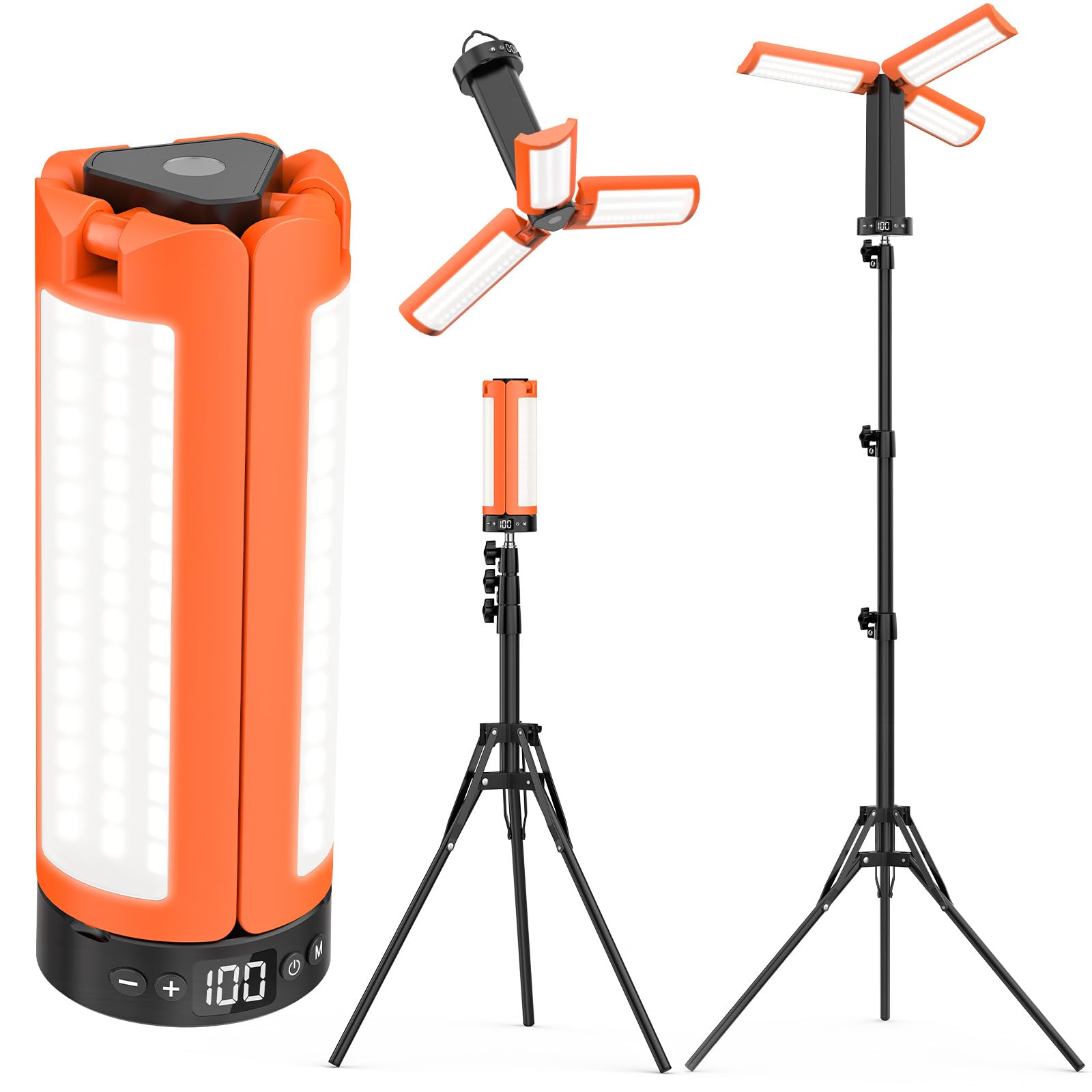 AKOFUN Camping Lights with Stand, 12000mAh Rechargeable Work Light Max Height 75”, Telescoping Portable Outdoor Lights with 3 LED Lamp Heads, Magnetic Emergency Flashlight, Detachable Tripod, Black