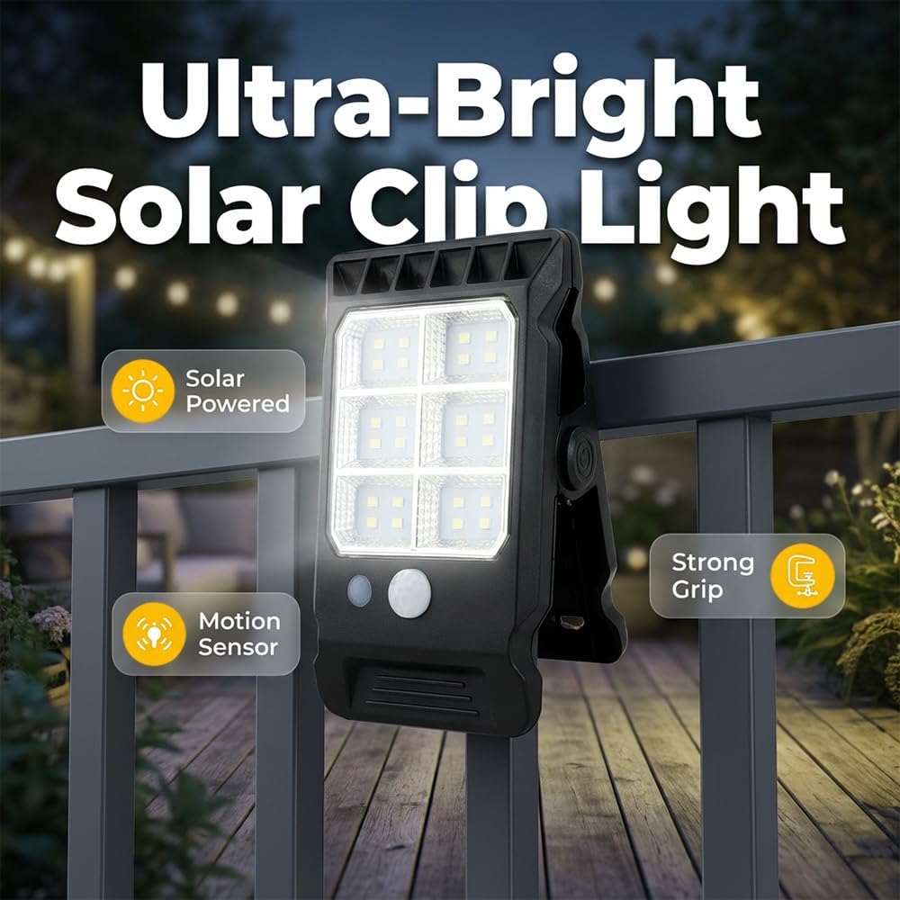 2Pcs Solar Clip Light with Motion Sensor, 2026 Upgraded Portable Outdoor LED Light for Camping, Adjustable Clip On LED Light for Garden, Multifunctional Clip Lamp, Emergency LED Light for Home (2Pcs)