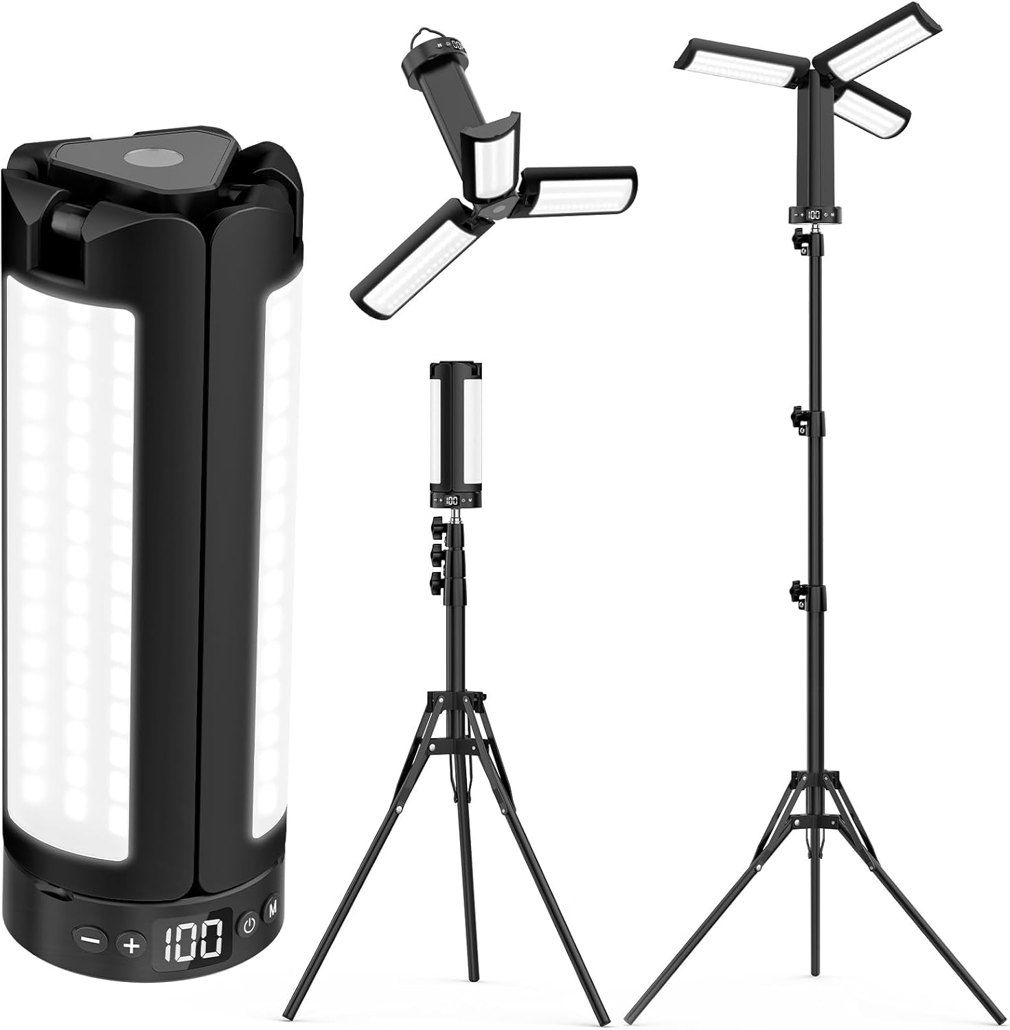 AKOFUN Camping Lights with Stand, 12000mAh Rechargeable Work Light Max Height 75”, Telescoping Portable Outdoor Lights with 3 LED Lamp Heads, Magnetic Emergency Flashlight, Detachable Tripod, Black