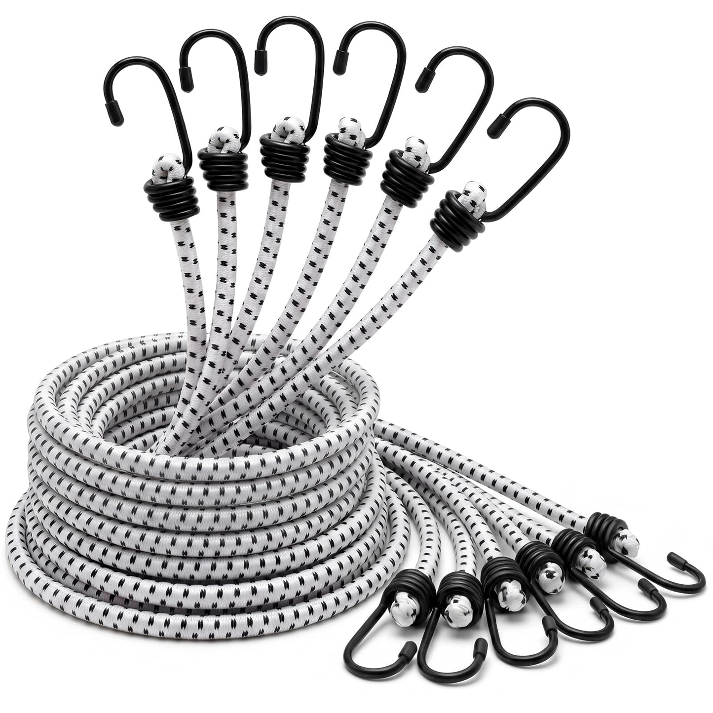 12 Pcs 96 Inch Extra Long Bungee Cords with Hooks 0.39 Inch Thick Heavy Duty Bungee Straps for Outdoors, Camping, Rvs, Bikes, Cargo (White+Black)