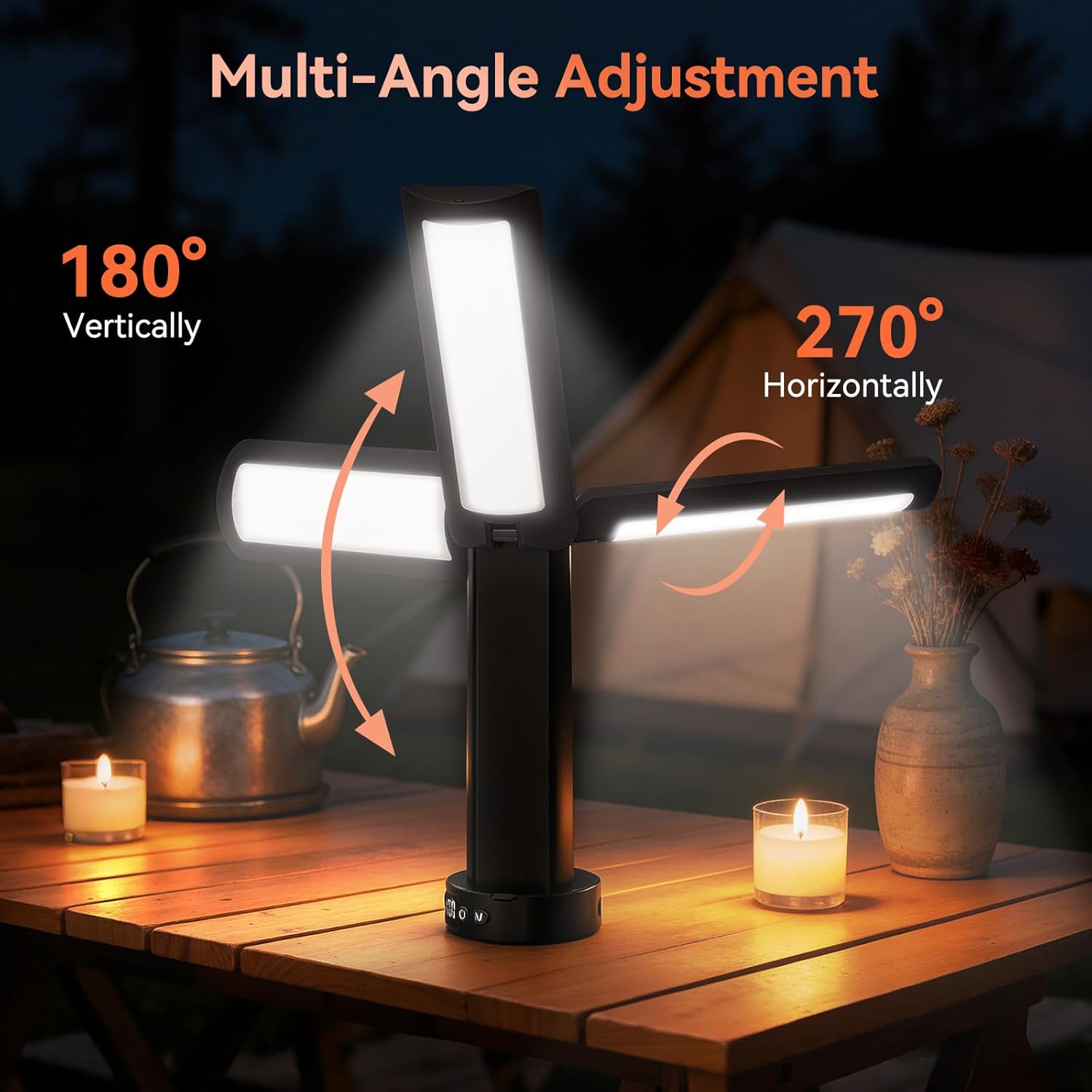 AKOFUN Camping Lights with Stand, 12000mAh Rechargeable Work Light Max Height 75”, Telescoping Portable Outdoor Lights with 3 LED Lamp Heads, Magnetic Emergency Flashlight, Detachable Tripod, Black