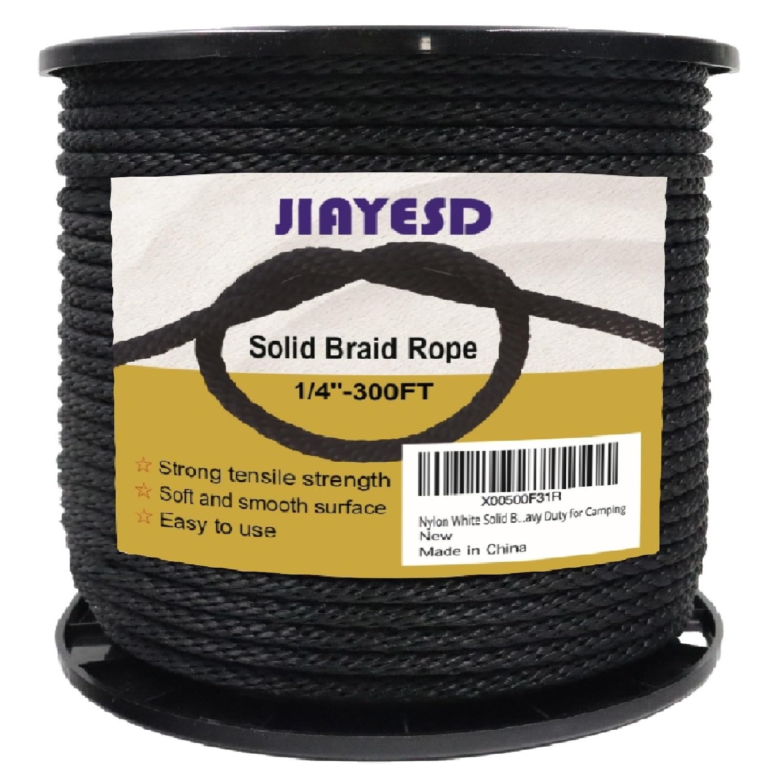 1/4 Inch 100 FT Polyester Black Solid Braid Rope High UV and Abrasion Resistance, Multi-Purpose for Outdoor for Camping