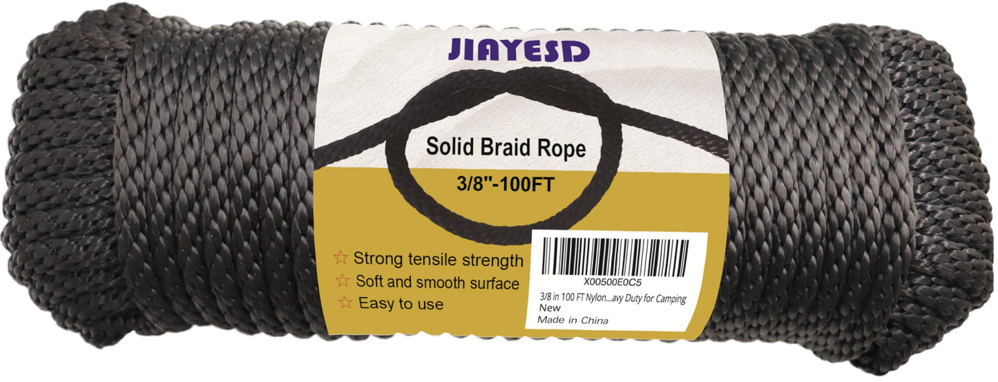 1/4 Inch 100 FT Polyester Black Solid Braid Rope High UV and Abrasion Resistance, Multi-Purpose for Outdoor for Camping