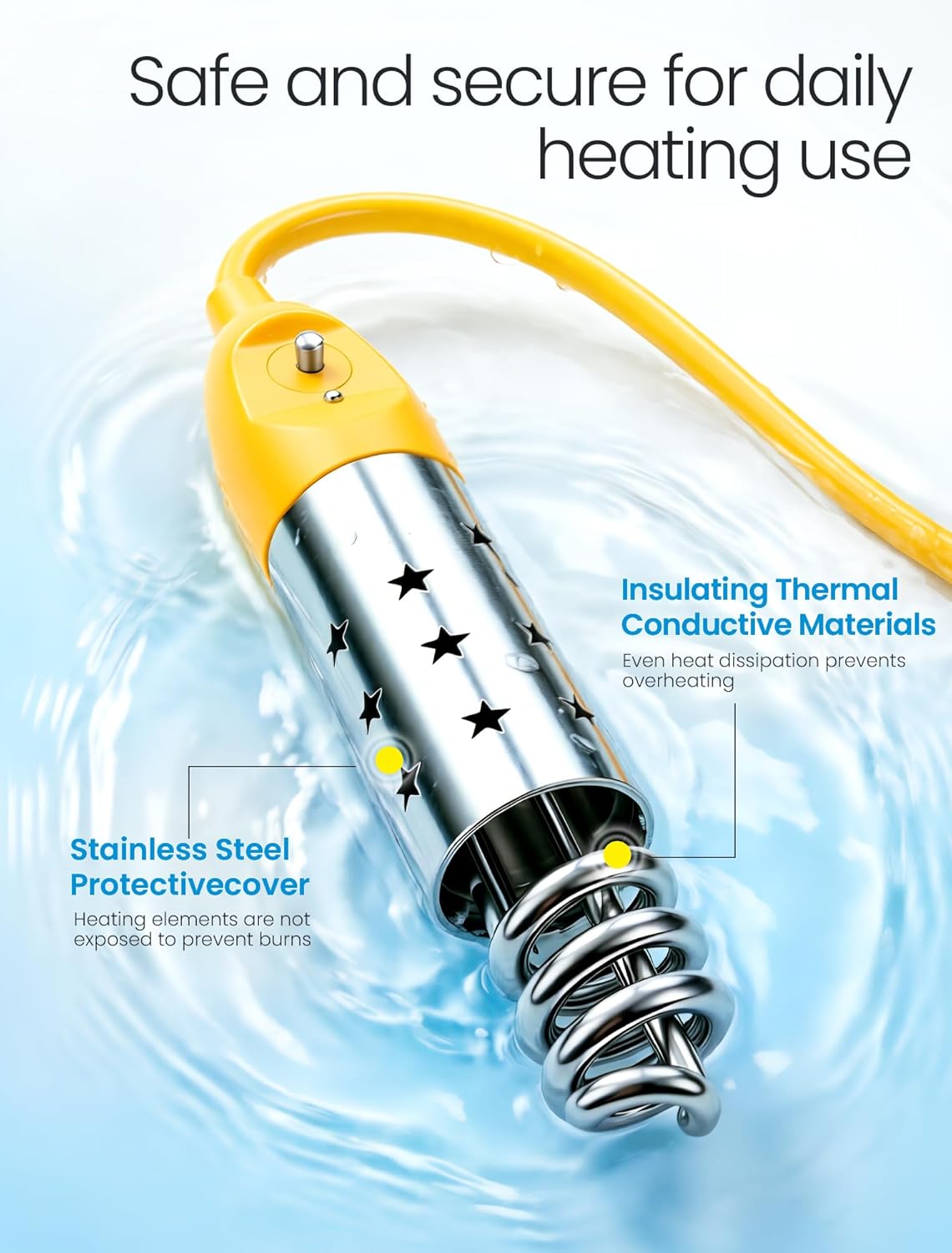 Portable Immersion Water Heater Electric - 1500W Fast Heating Bucket Heater, Temp Display, Anti-Dry Burn Protection, for Bathtub, Camping, Home& Emergency Use