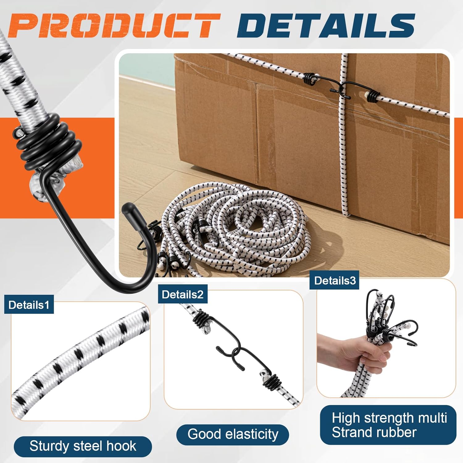 12 Pcs 96 Inch Extra Long Bungee Cords with Hooks 0.39 Inch Thick Heavy Duty Bungee Straps for Outdoors, Camping, Rvs, Bikes, Cargo (White+Black)