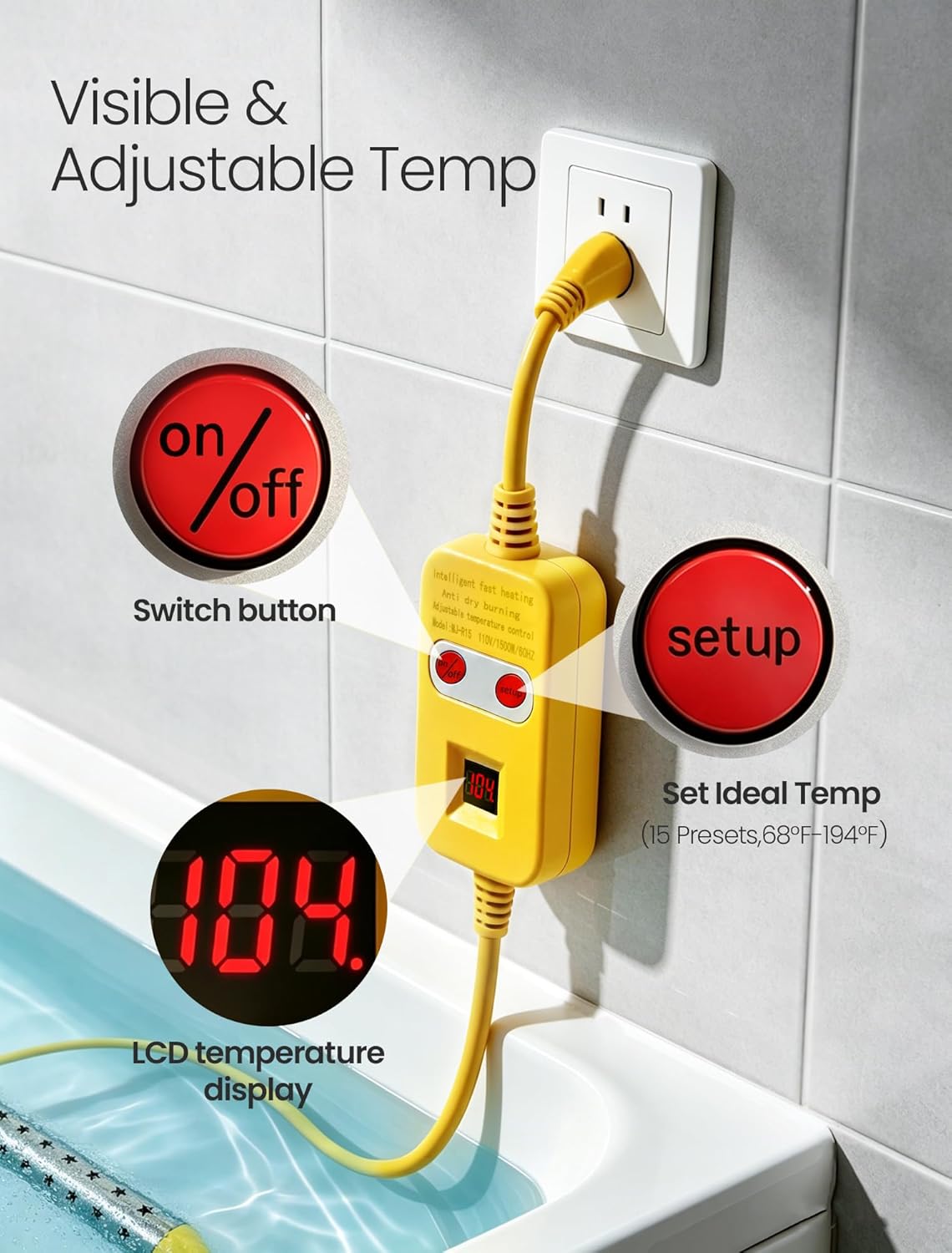 Portable Immersion Water Heater Electric - 1500W Fast Heating Bucket Heater, Temp Display, Anti-Dry Burn Protection, for Bathtub, Camping, Home& Emergency Use
