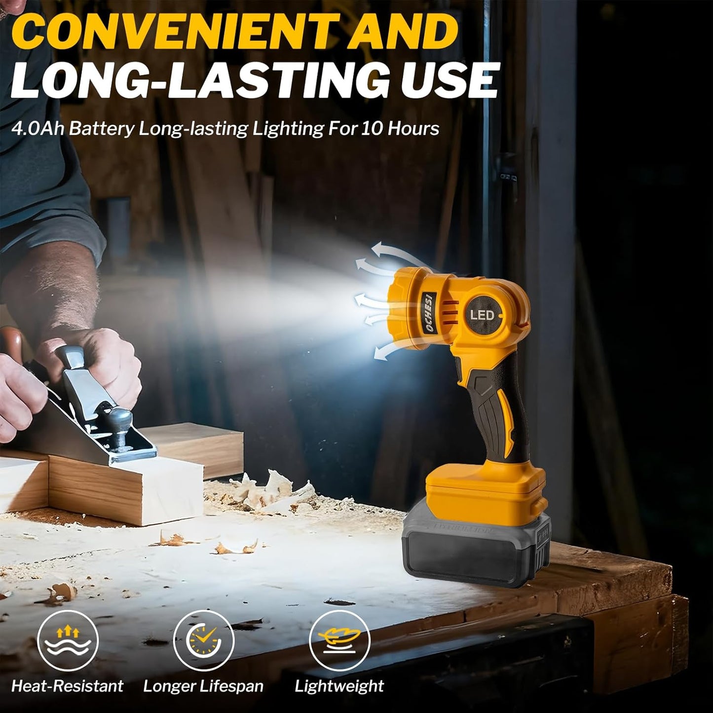 OCHESI Cordless LED work light compatible with Dewalt 20V MAX Battery, 1000LM Handheld Flashlight with two levels and 140 Degree Rotating Wide-Angle Lighting for Workshop, Camping (No Battery)