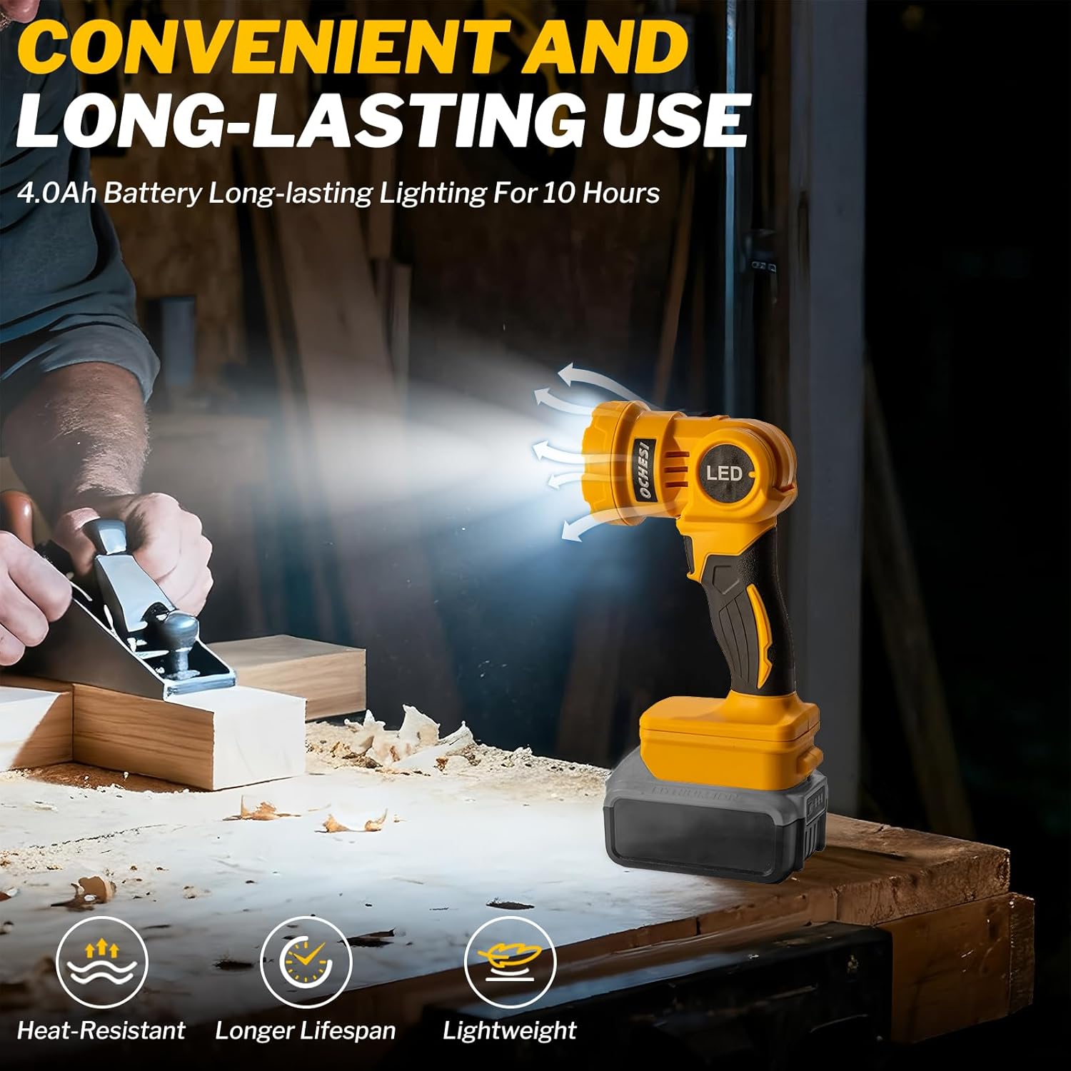 OCHESI Cordless LED work light compatible with Dewalt 20V MAX Battery, 1000LM Handheld Flashlight with two levels and 140 Degree Rotating Wide-Angle Lighting for Workshop, Camping (No Battery)