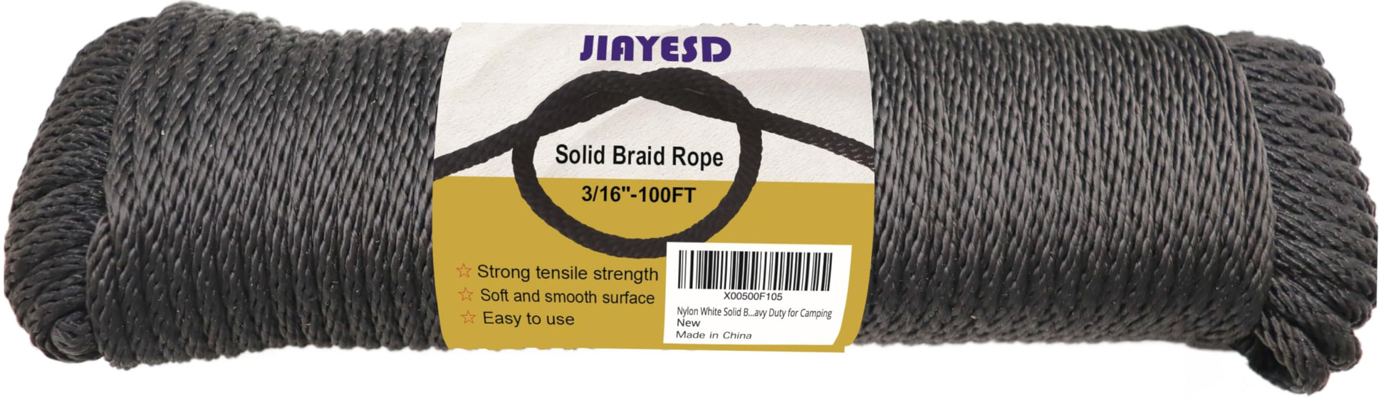1/4 Inch 100 FT Polyester Black Solid Braid Rope High UV and Abrasion Resistance, Multi-Purpose for Outdoor for Camping