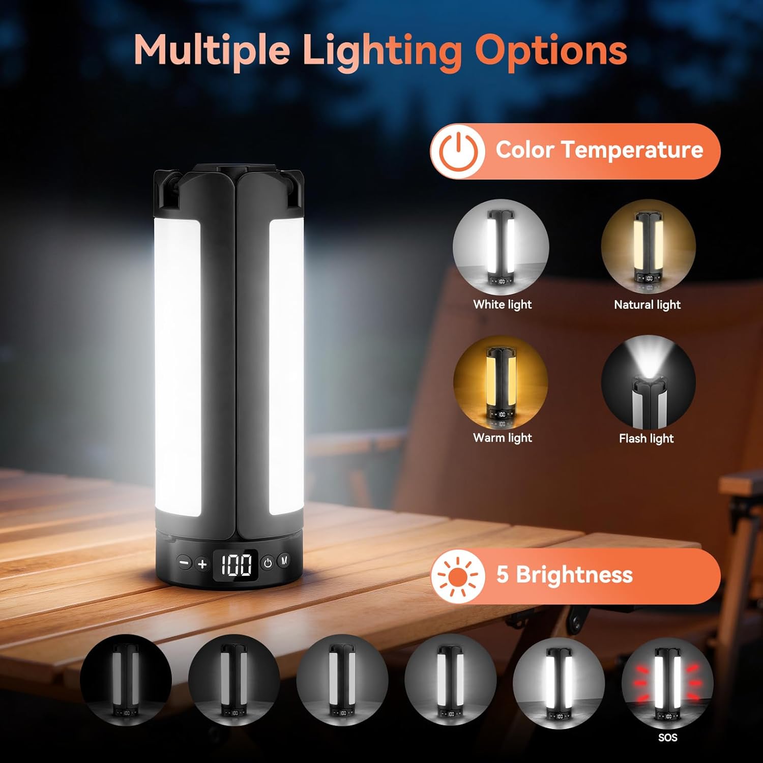 AKOFUN Camping Lights with Stand, 12000mAh Rechargeable Work Light Max Height 75”, Telescoping Portable Outdoor Lights with 3 LED Lamp Heads, Magnetic Emergency Flashlight, Detachable Tripod, Black