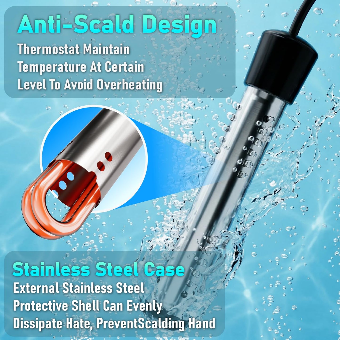 2000W Immersion Water Heater 2 Pack, Portable Submersible Water Heater Electric with 304 S S Guard & LCD Thermometer, Fast Heating 5 Gallons in Minutes for Bucket, Bathtub, Small Pool, Camping & RV