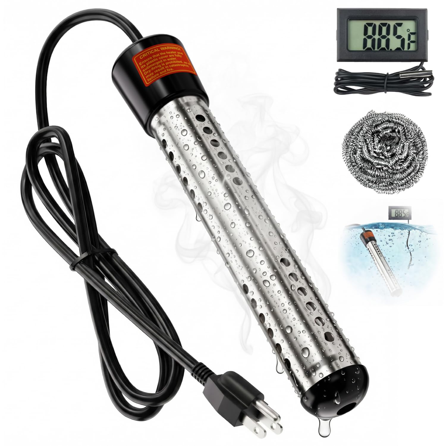 2000W Immersion Water Heater 2 Pack, Portable Submersible Water Heater Electric with 304 S S Guard & LCD Thermometer, Fast Heating 5 Gallons in Minutes for Bucket, Bathtub, Small Pool, Camping & RV