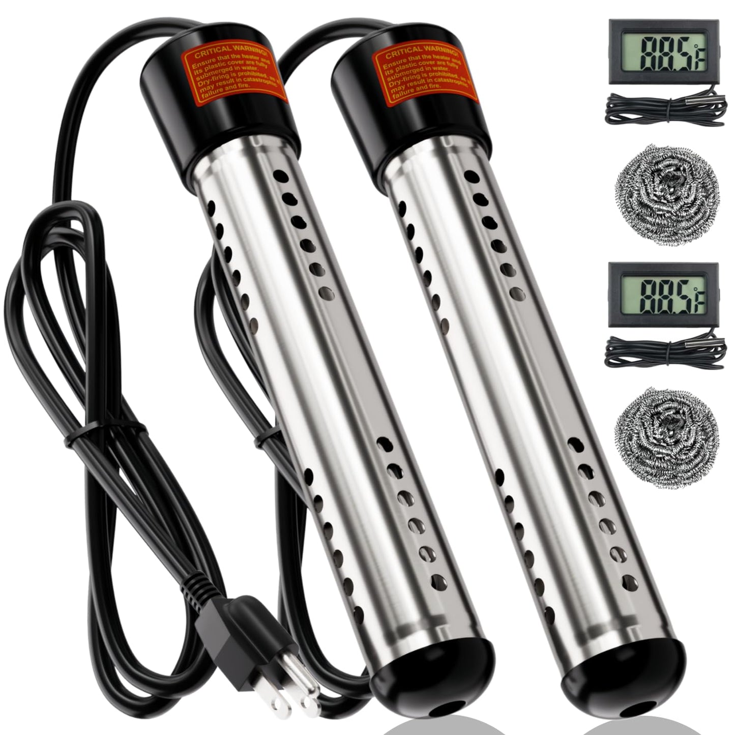 2000W Immersion Water Heater 2 Pack, Portable Submersible Water Heater Electric with 304 S S Guard & LCD Thermometer, Fast Heating 5 Gallons in Minutes for Bucket, Bathtub, Small Pool, Camping & RV
