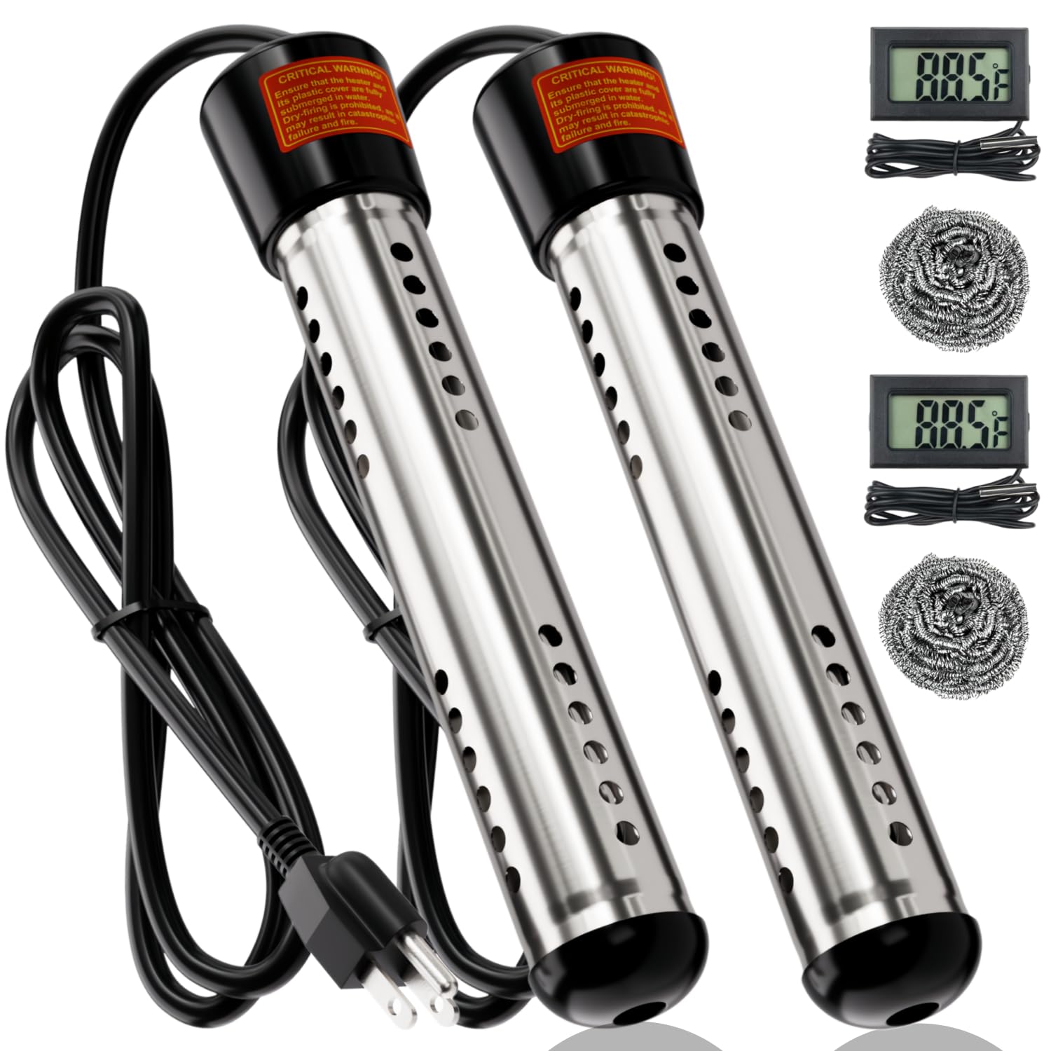 2000W Immersion Water Heater 2 Pack, Portable Submersible Water Heater Electric with 304 S S Guard & LCD Thermometer, Fast Heating 5 Gallons in Minutes for Bucket, Bathtub, Small Pool, Camping & RV