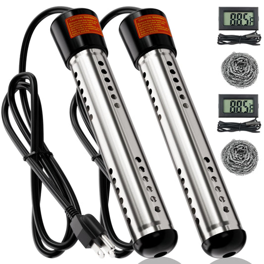 2000W Immersion Water Heater 2 Pack, Portable Submersible Water Heater Electric with 304 S S Guard & LCD Thermometer, Fast Heating 5 Gallons in Minutes for Bucket, Bathtub, Small Pool, Camping & RV