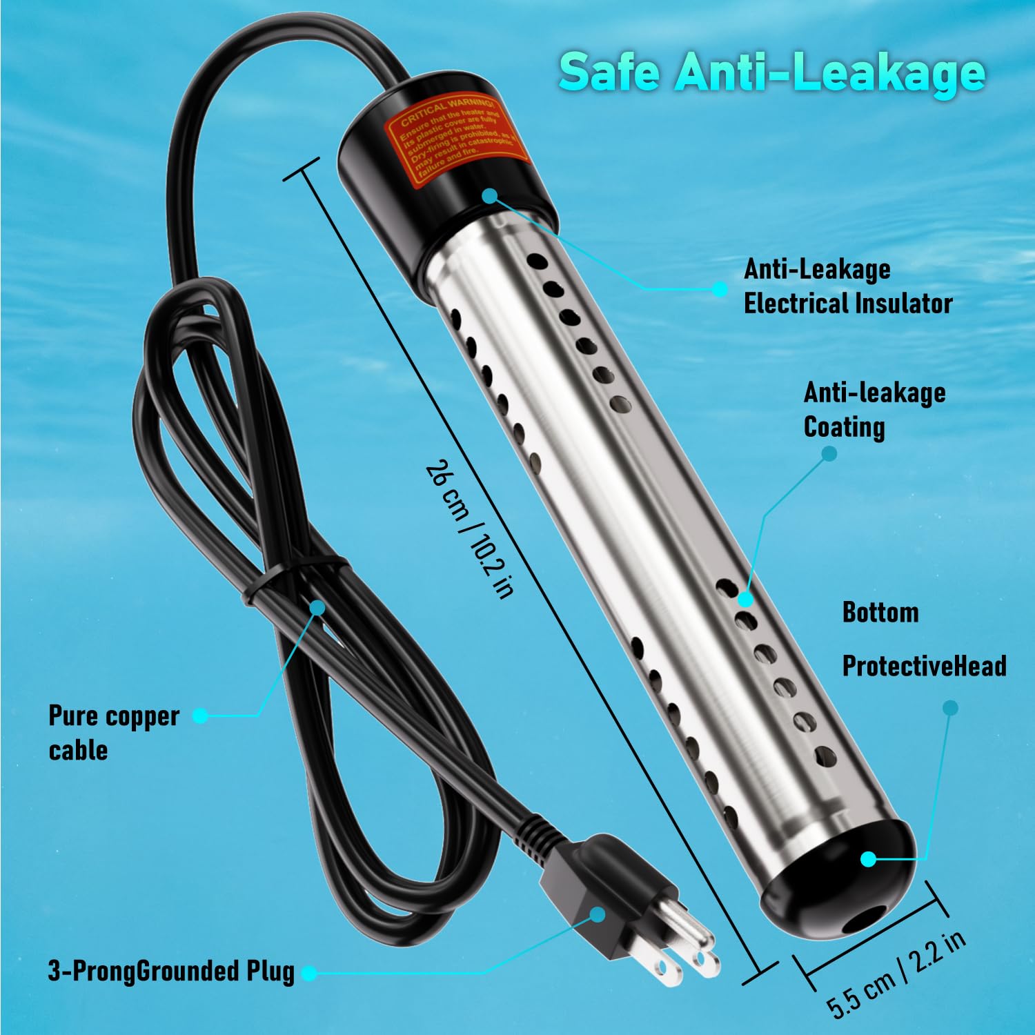 2000W Immersion Water Heater 2 Pack, Portable Submersible Water Heater Electric with 304 S S Guard & LCD Thermometer, Fast Heating 5 Gallons in Minutes for Bucket, Bathtub, Small Pool, Camping & RV