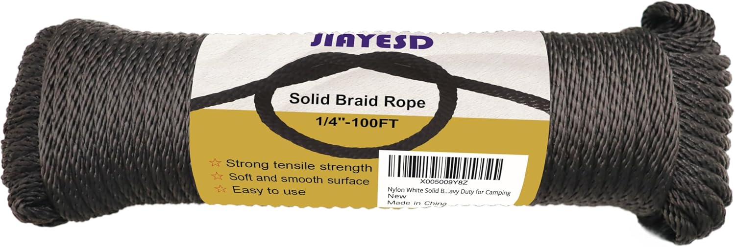 1/4 Inch 100 FT Polyester Black Solid Braid Rope High UV and Abrasion Resistance, Multi-Purpose for Outdoor for Camping