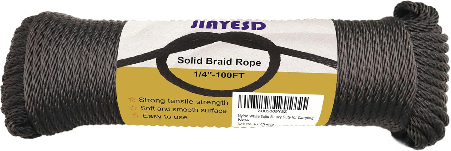 1/4 Inch 100 FT Polyester Black Solid Braid Rope High UV and Abrasion Resistance, Multi-Purpose for Outdoor for Camping
