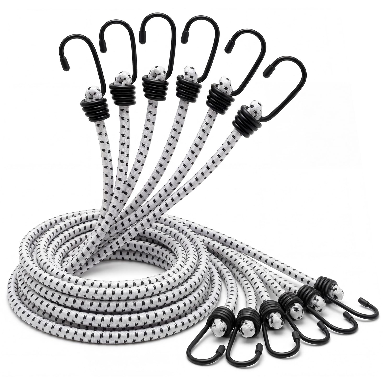 12 Pcs 96 Inch Extra Long Bungee Cords with Hooks 0.39 Inch Thick Heavy Duty Bungee Straps for Outdoors, Camping, Rvs, Bikes, Cargo (White+Black)