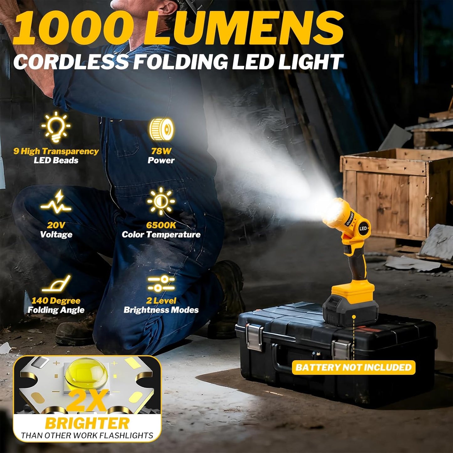 OCHESI Cordless LED work light compatible with Dewalt 20V MAX Battery, 1000LM Handheld Flashlight with two levels and 140 Degree Rotating Wide-Angle Lighting for Workshop, Camping (No Battery)
