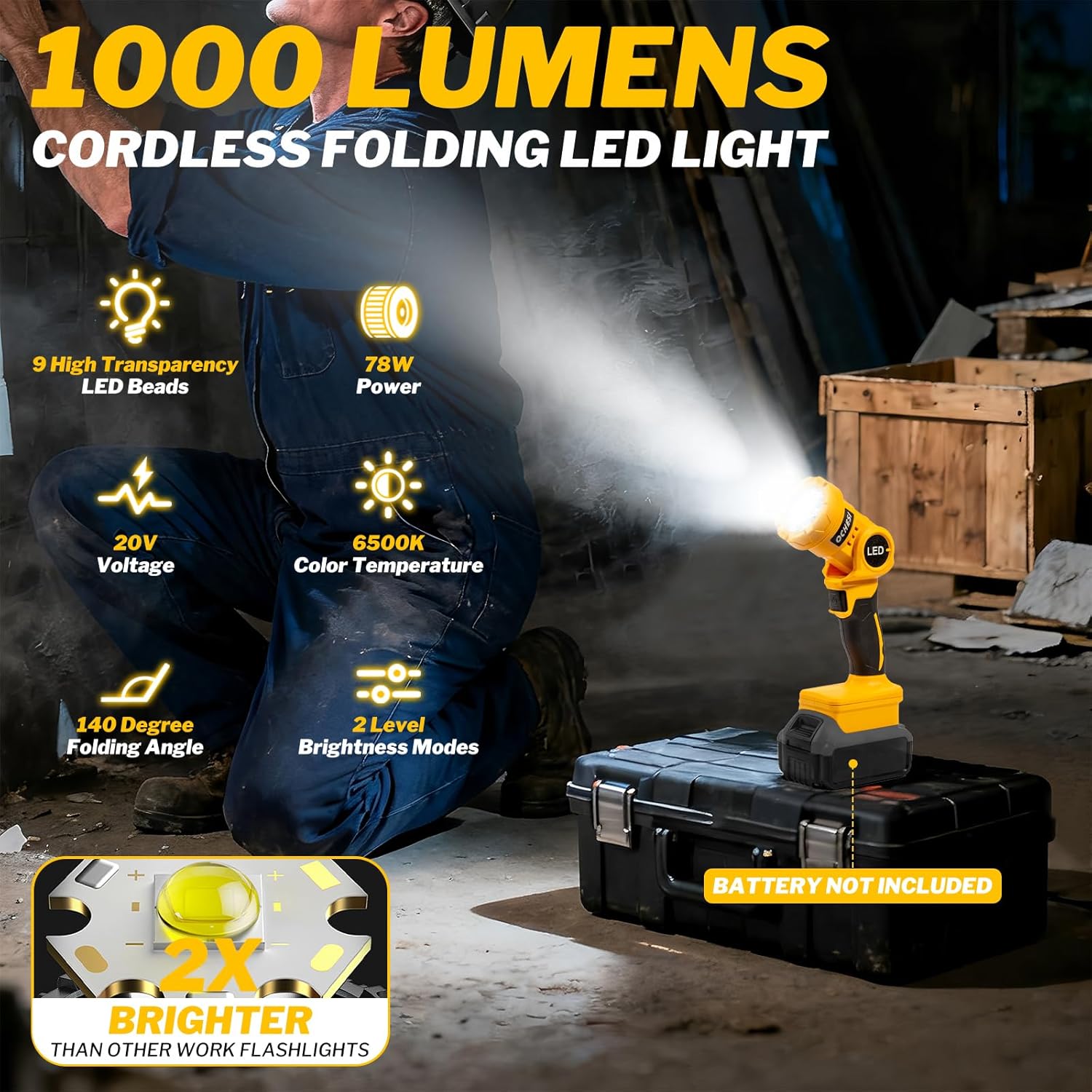 OCHESI Cordless LED work light compatible with Dewalt 20V MAX Battery, 1000LM Handheld Flashlight with two levels and 140 Degree Rotating Wide-Angle Lighting for Workshop, Camping (No Battery)