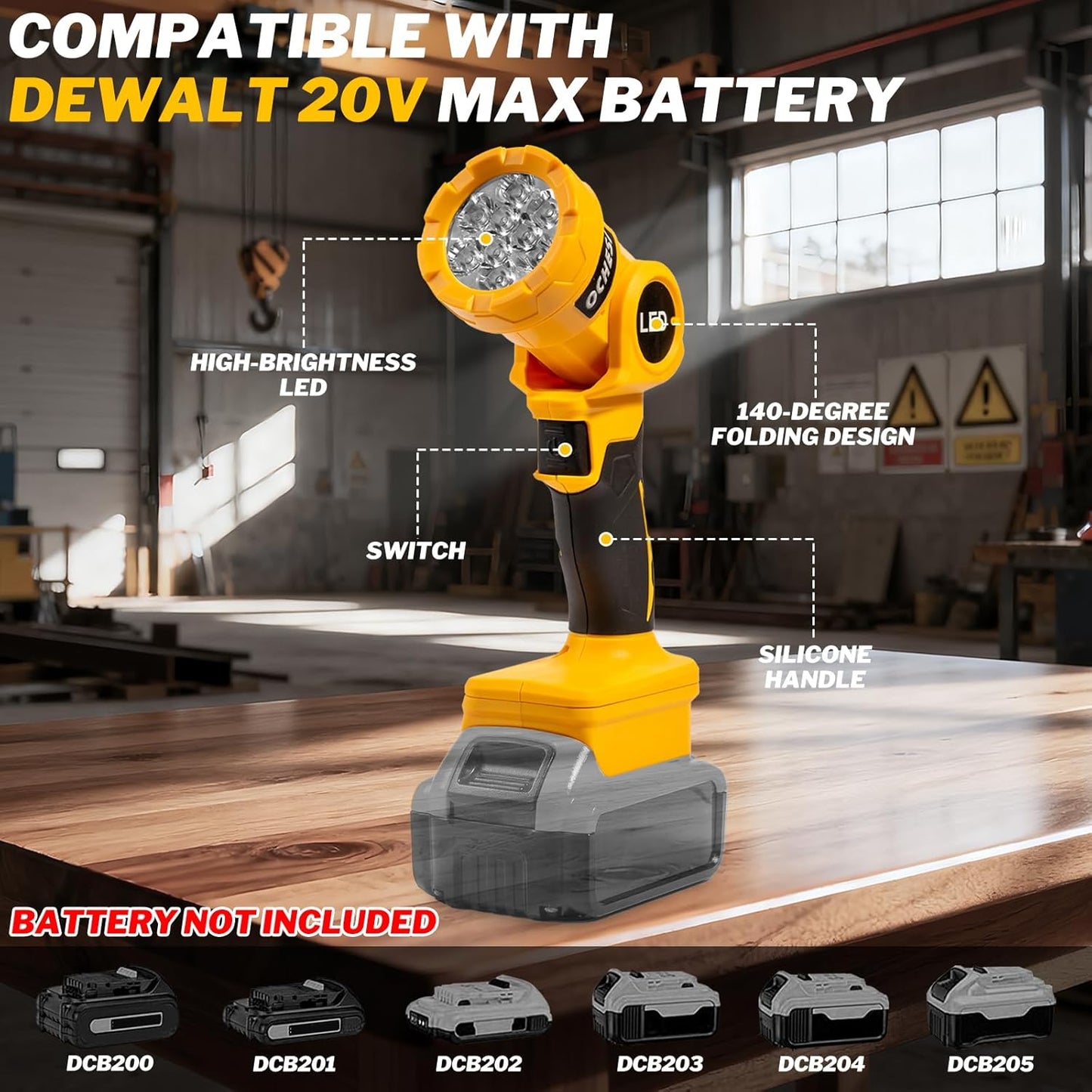OCHESI Cordless LED work light compatible with Dewalt 20V MAX Battery, 1000LM Handheld Flashlight with two levels and 140 Degree Rotating Wide-Angle Lighting for Workshop, Camping (No Battery)