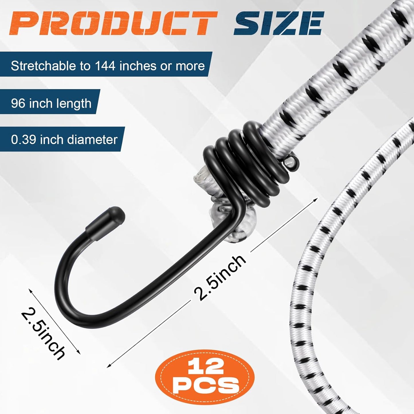 12 Pcs 96 Inch Extra Long Bungee Cords with Hooks 0.39 Inch Thick Heavy Duty Bungee Straps for Outdoors, Camping, Rvs, Bikes, Cargo (White+Black)