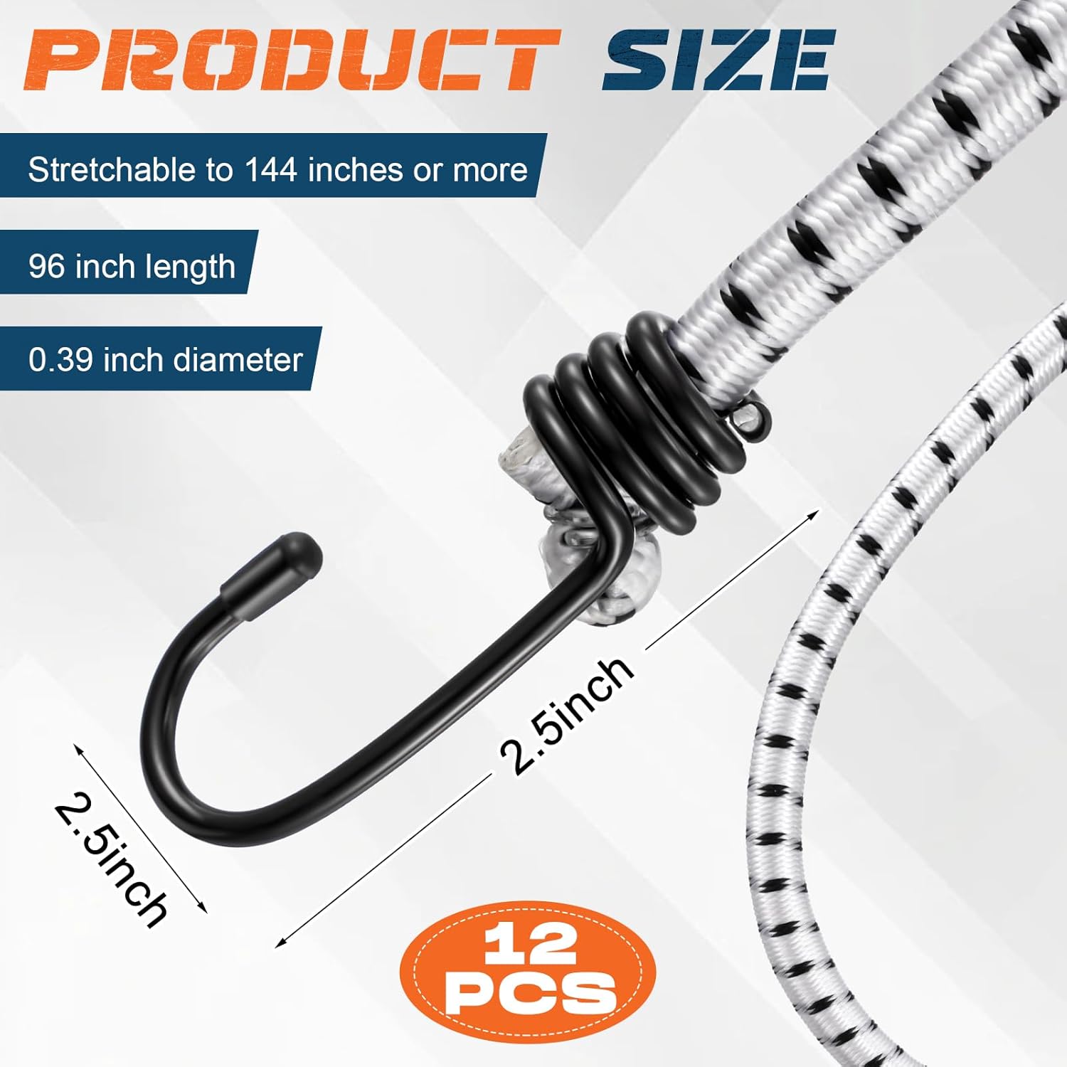 12 Pcs 96 Inch Extra Long Bungee Cords with Hooks 0.39 Inch Thick Heavy Duty Bungee Straps for Outdoors, Camping, Rvs, Bikes, Cargo (White+Black)