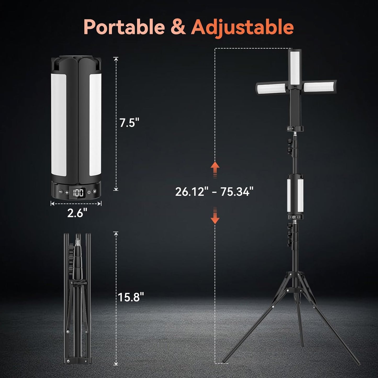 AKOFUN Camping Lights with Stand, 12000mAh Rechargeable Work Light Max Height 75”, Telescoping Portable Outdoor Lights with 3 LED Lamp Heads, Magnetic Emergency Flashlight, Detachable Tripod, Black