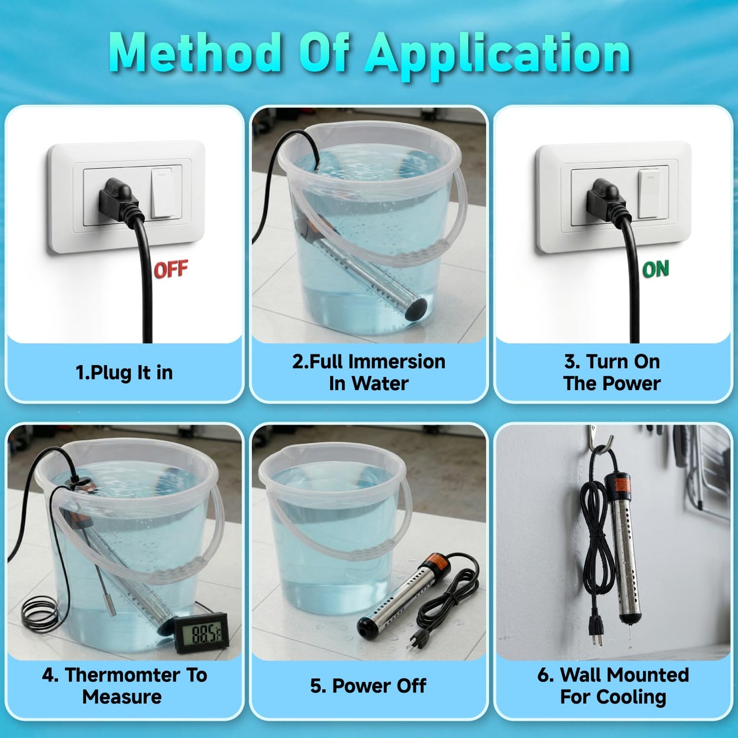 2000W Immersion Water Heater 2 Pack, Portable Submersible Water Heater Electric with 304 S S Guard & LCD Thermometer, Fast Heating 5 Gallons in Minutes for Bucket, Bathtub, Small Pool, Camping & RV