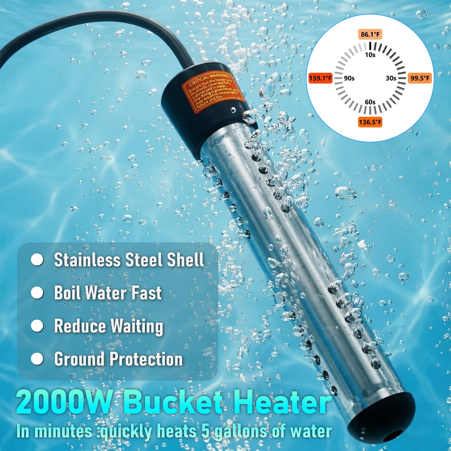 2000W Immersion Water Heater 2 Pack, Portable Submersible Water Heater Electric with 304 S S Guard & LCD Thermometer, Fast Heating 5 Gallons in Minutes for Bucket, Bathtub, Small Pool, Camping & RV