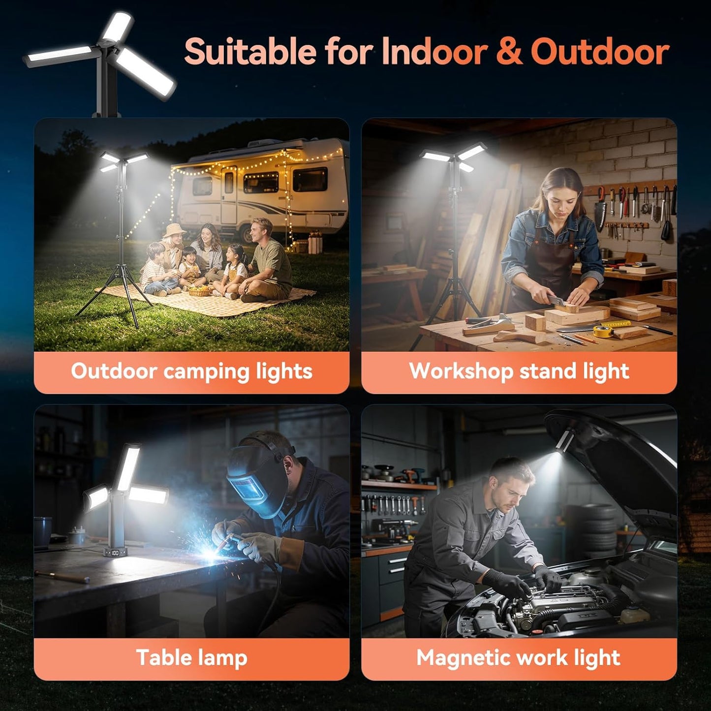AKOFUN Camping Lights with Stand, 12000mAh Rechargeable Work Light Max Height 75”, Telescoping Portable Outdoor Lights with 3 LED Lamp Heads, Magnetic Emergency Flashlight, Detachable Tripod, Black