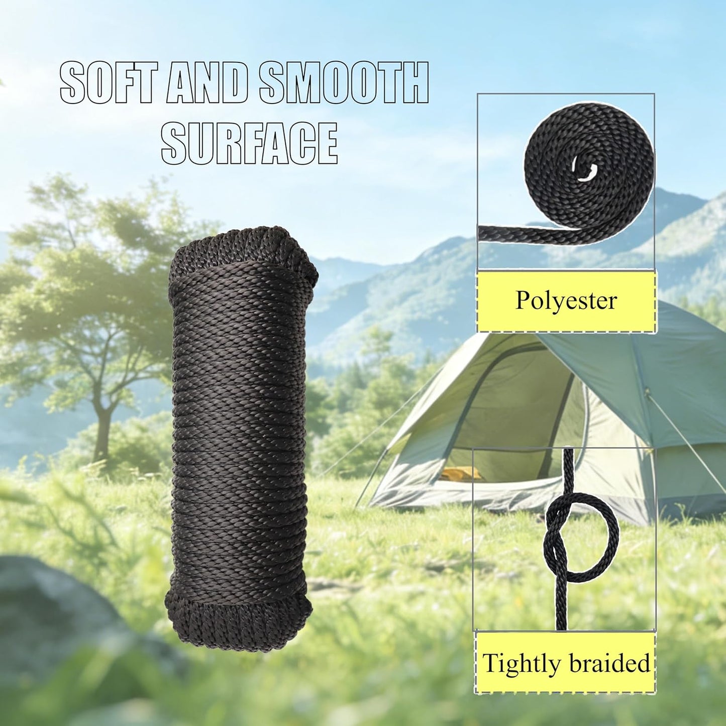 1/4 Inch 100 FT Polyester Black Solid Braid Rope High UV and Abrasion Resistance, Multi-Purpose for Outdoor for Camping