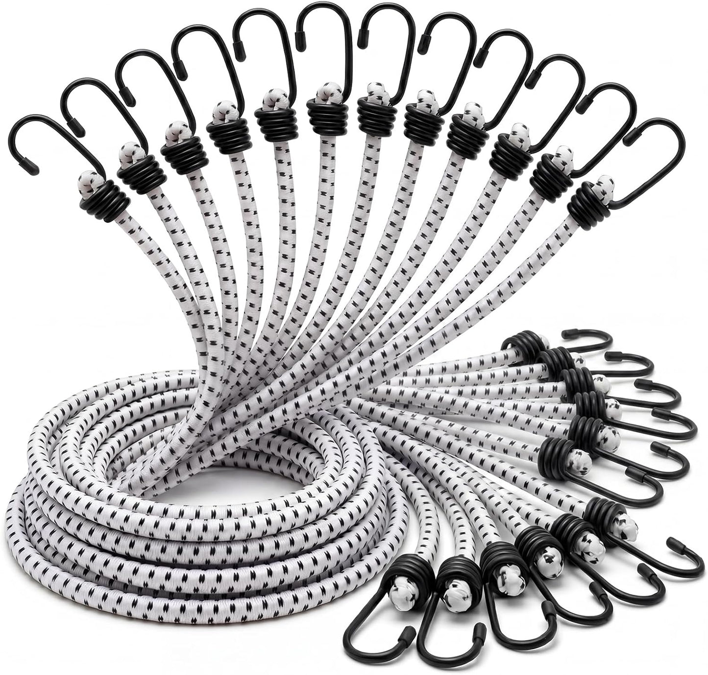 12 Pcs 96 Inch Extra Long Bungee Cords with Hooks 0.39 Inch Thick Heavy Duty Bungee Straps for Outdoors, Camping, Rvs, Bikes, Cargo (White+Black)