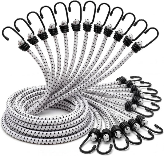12 Pcs 96 Inch Extra Long Bungee Cords with Hooks 0.39 Inch Thick Heavy Duty Bungee Straps for Outdoors, Camping, Rvs, Bikes, Cargo (White+Black)