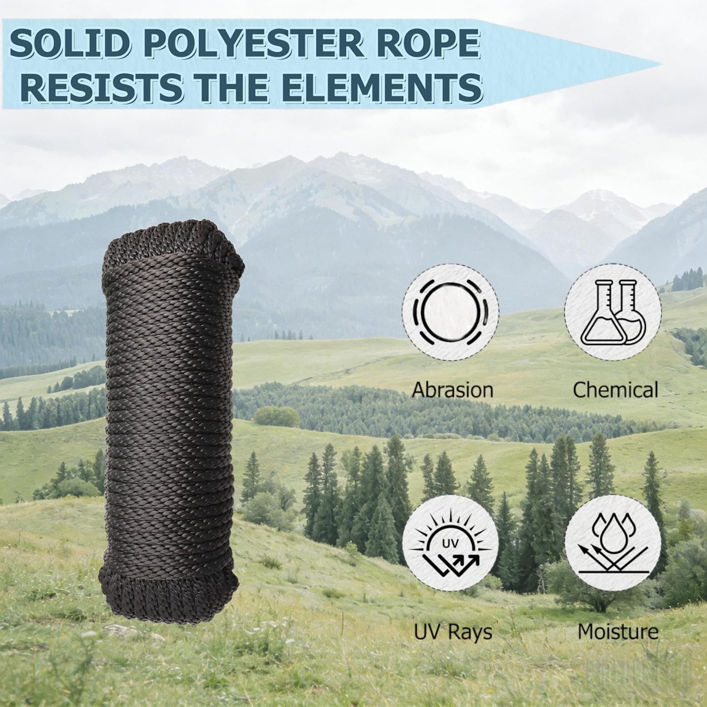 1/4 Inch 100 FT Polyester Black Solid Braid Rope High UV and Abrasion Resistance, Multi-Purpose for Outdoor for Camping