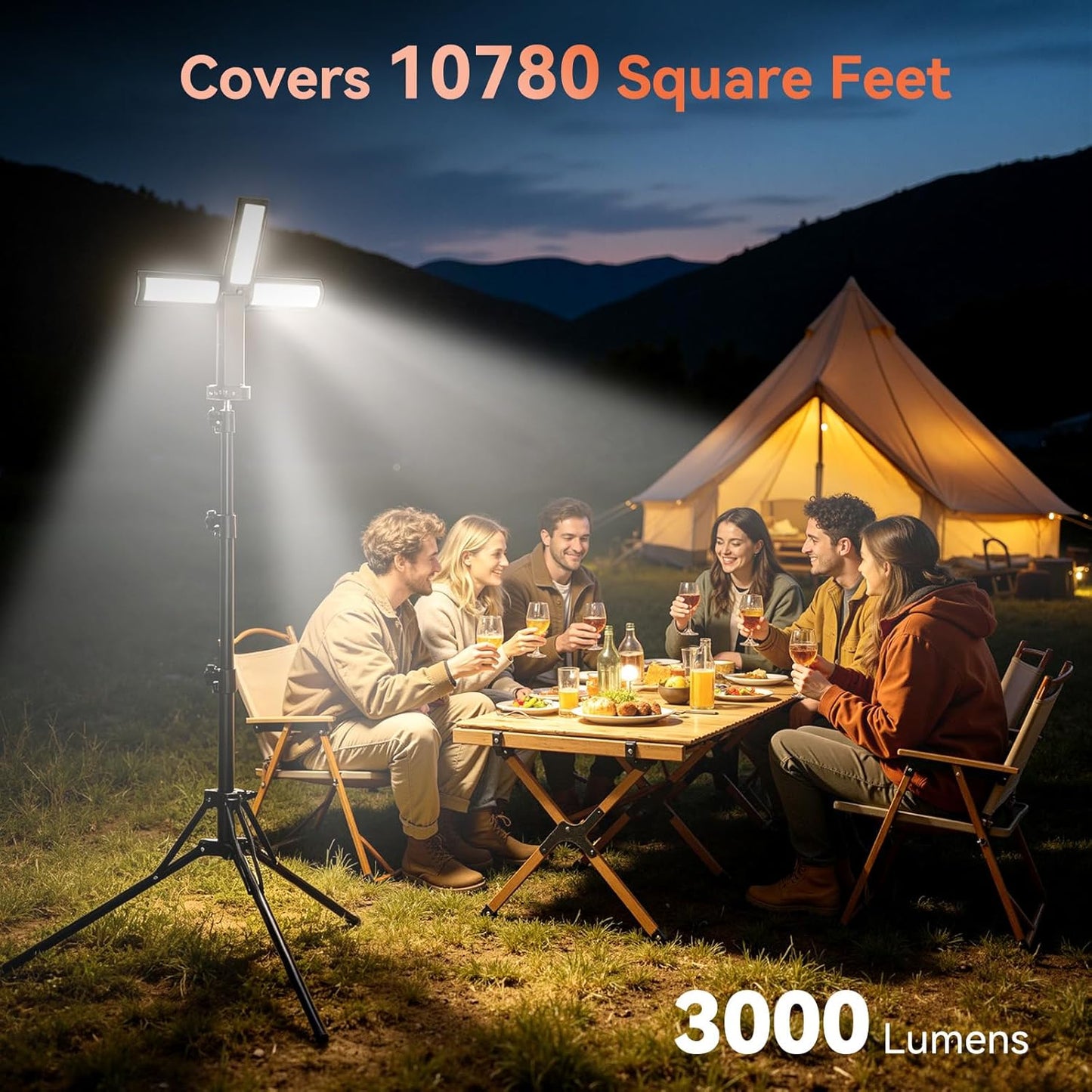 AKOFUN Camping Lights with Stand, 12000mAh Rechargeable Work Light Max Height 75”, Telescoping Portable Outdoor Lights with 3 LED Lamp Heads, Magnetic Emergency Flashlight, Detachable Tripod, Black