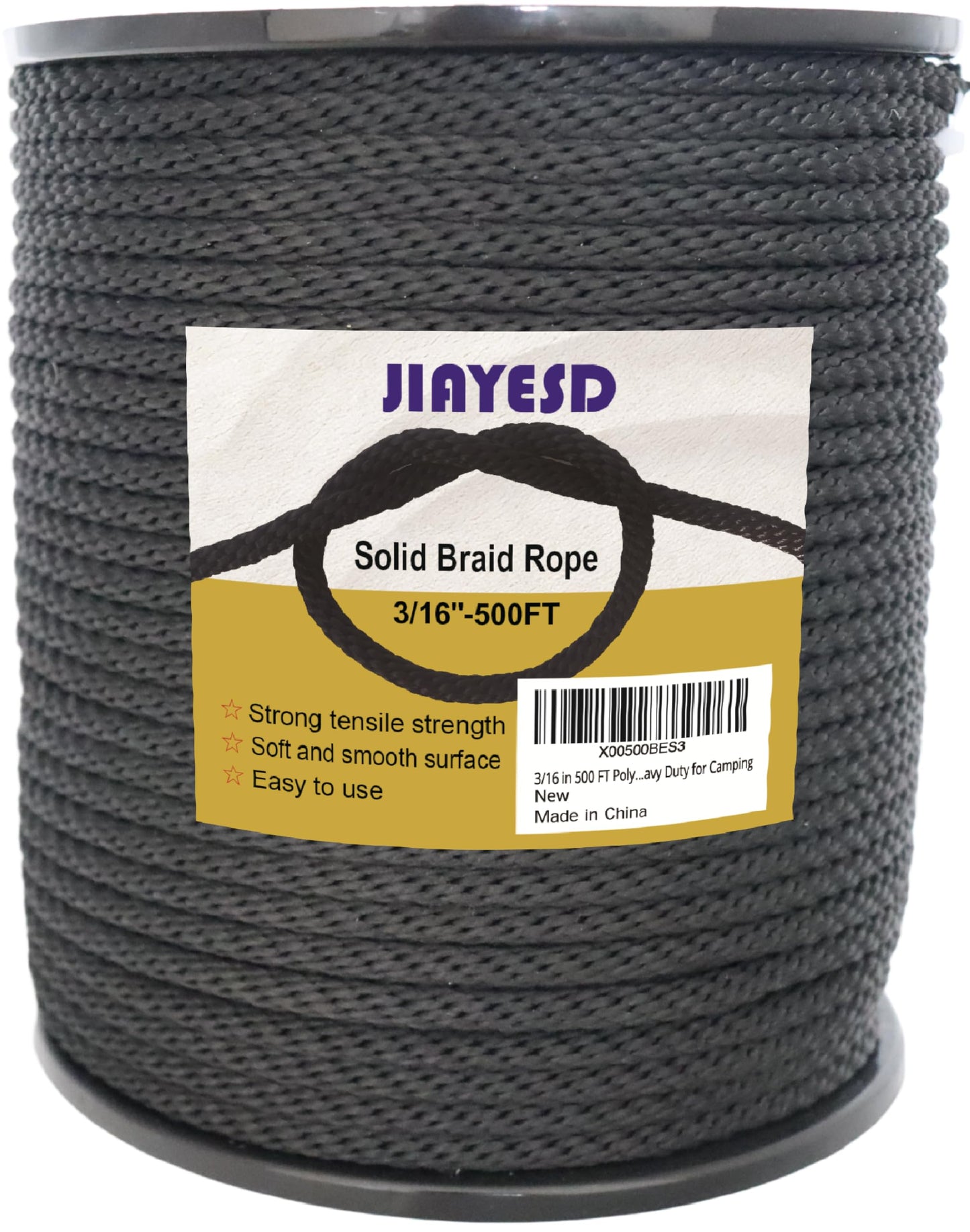 1/4 Inch 100 FT Polyester Black Solid Braid Rope High UV and Abrasion Resistance, Multi-Purpose for Outdoor for Camping