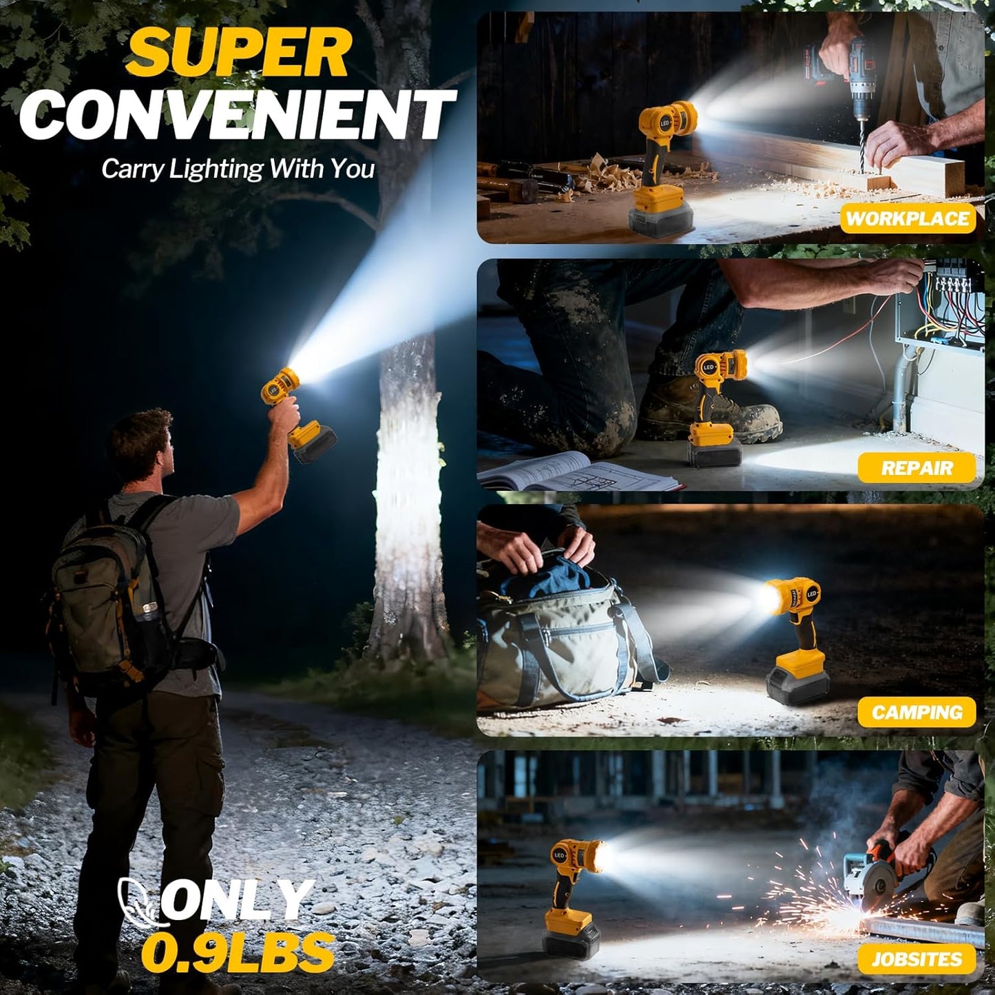 OCHESI Cordless LED work light compatible with Dewalt 20V MAX Battery, 1000LM Handheld Flashlight with two levels and 140 Degree Rotating Wide-Angle Lighting for Workshop, Camping (No Battery)