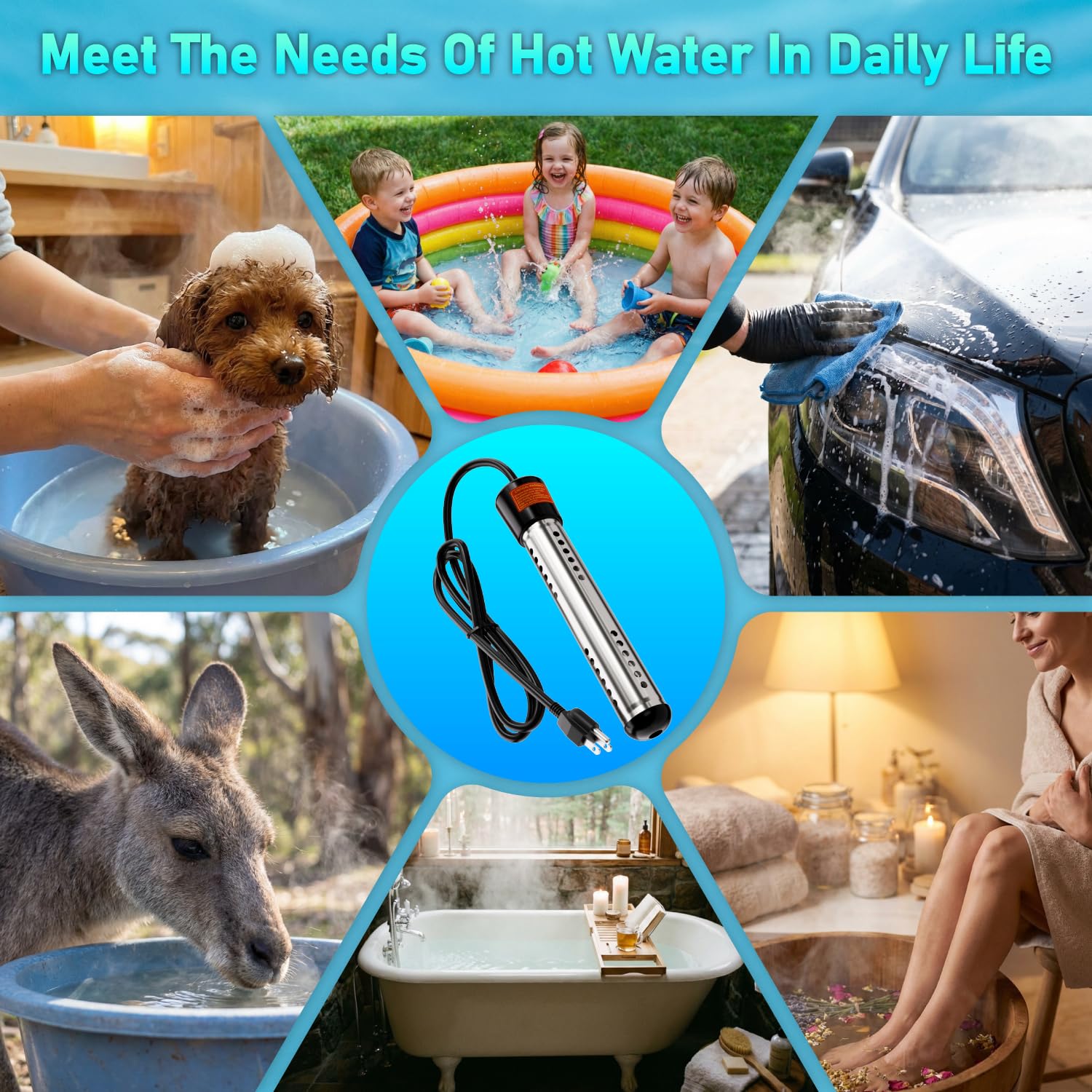 2000W Immersion Water Heater 2 Pack, Portable Submersible Water Heater Electric with 304 S S Guard & LCD Thermometer, Fast Heating 5 Gallons in Minutes for Bucket, Bathtub, Small Pool, Camping & RV