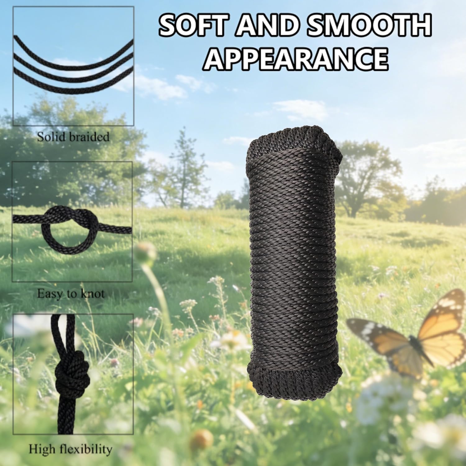1/4 Inch 100 FT Polyester Black Solid Braid Rope High UV and Abrasion Resistance, Multi-Purpose for Outdoor for Camping