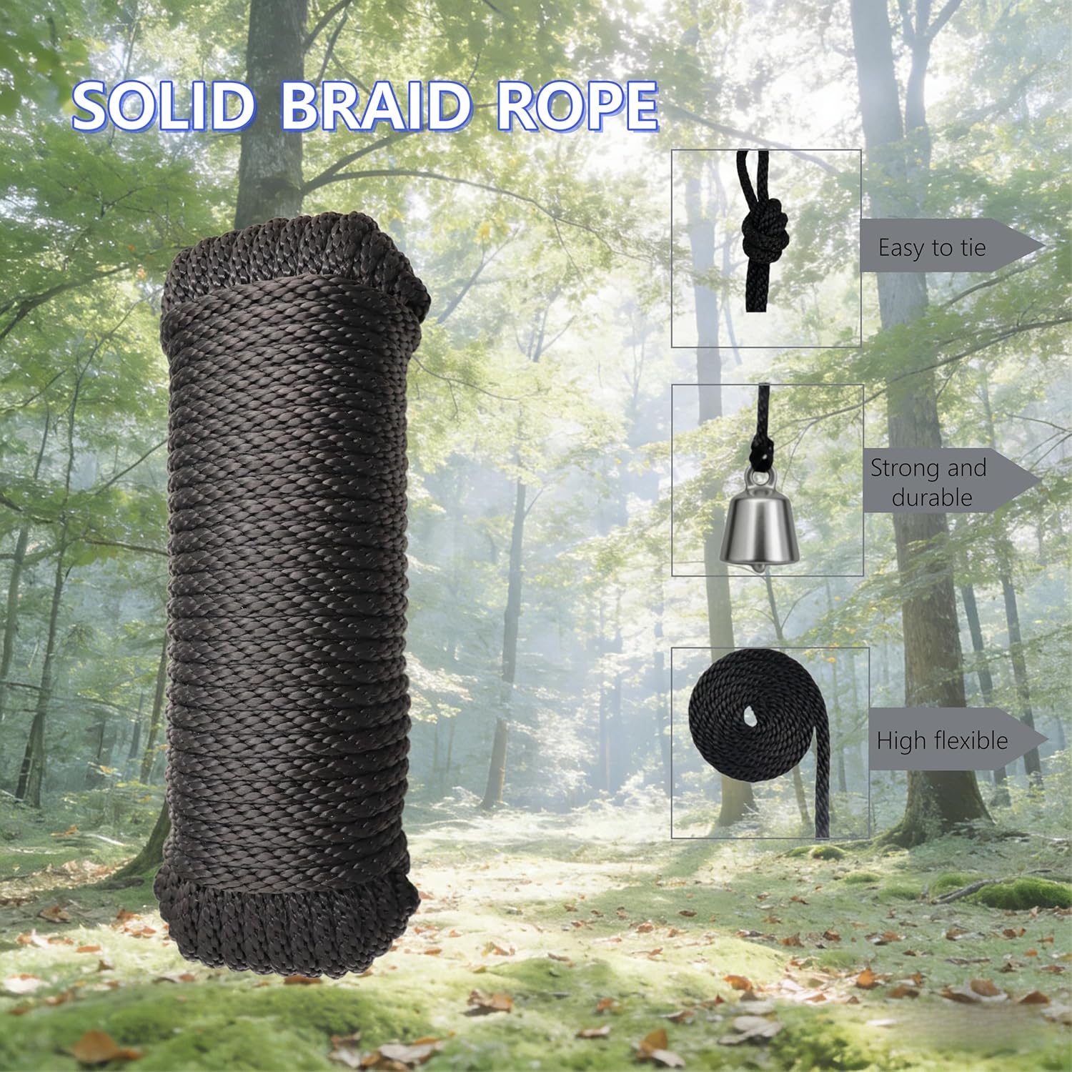 1/4 Inch 100 FT Polyester Black Solid Braid Rope High UV and Abrasion Resistance, Multi-Purpose for Outdoor for Camping